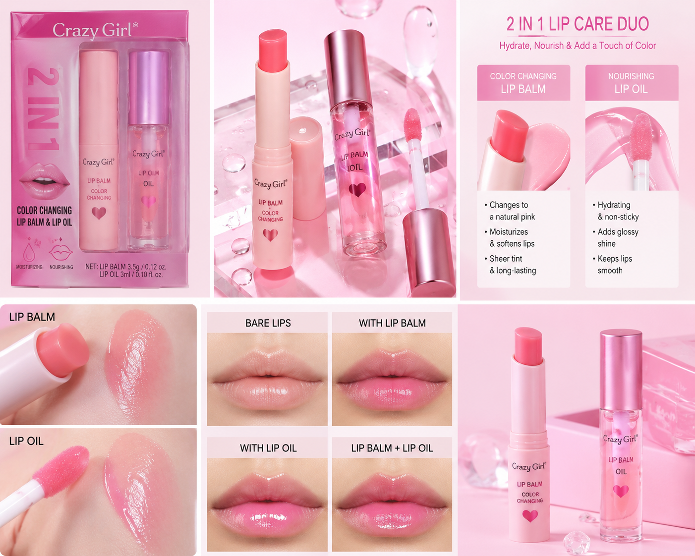 Crazy Girl 2 In 1 Color Changing Lip Balm & Lip Oil Set, Moisturizing Pink Lip Care Duo with Hydrating Gloss Finish, Long-Lasting Nourishing Lip Treatment for Soft, Smooth and Naturally Tinted Lips - Image 2