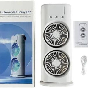 Double-Ended Spray Water Mist Fan – Dual Fan Cooling with 90° Rotation, RGB Lights, and Strong Brushless Motor – USB Powered Desktop Air Cooler | 16 Inches