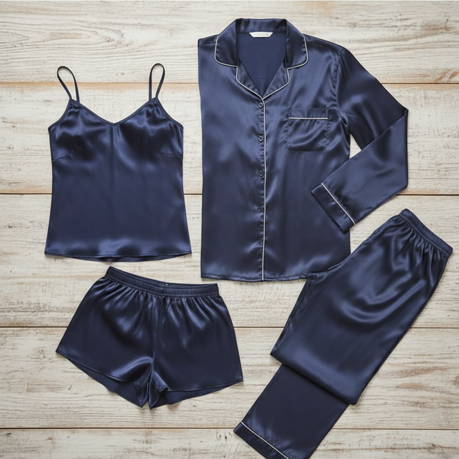 Premium Satin Silk Couple Night Suit Pajama / Short Set – Matching Luxury Nightwear for Men & Women (4 Pcs) | SKU: DC-C010 - Image 3