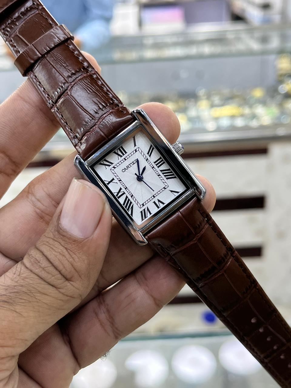 Cartier Style Rectangular Analog Watch for Men – Brown Leather Strap | Quartz Wrist Watch - Image 4