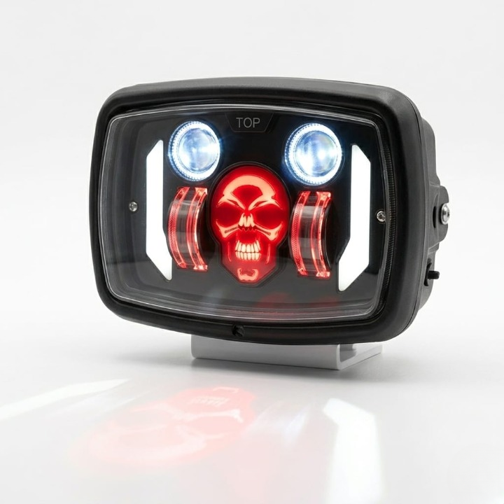 Premium Skull Headlamp for Honda CD70 & CG125 – Aggressive Red Skull DRL with Dual LED Projectors - Image 2