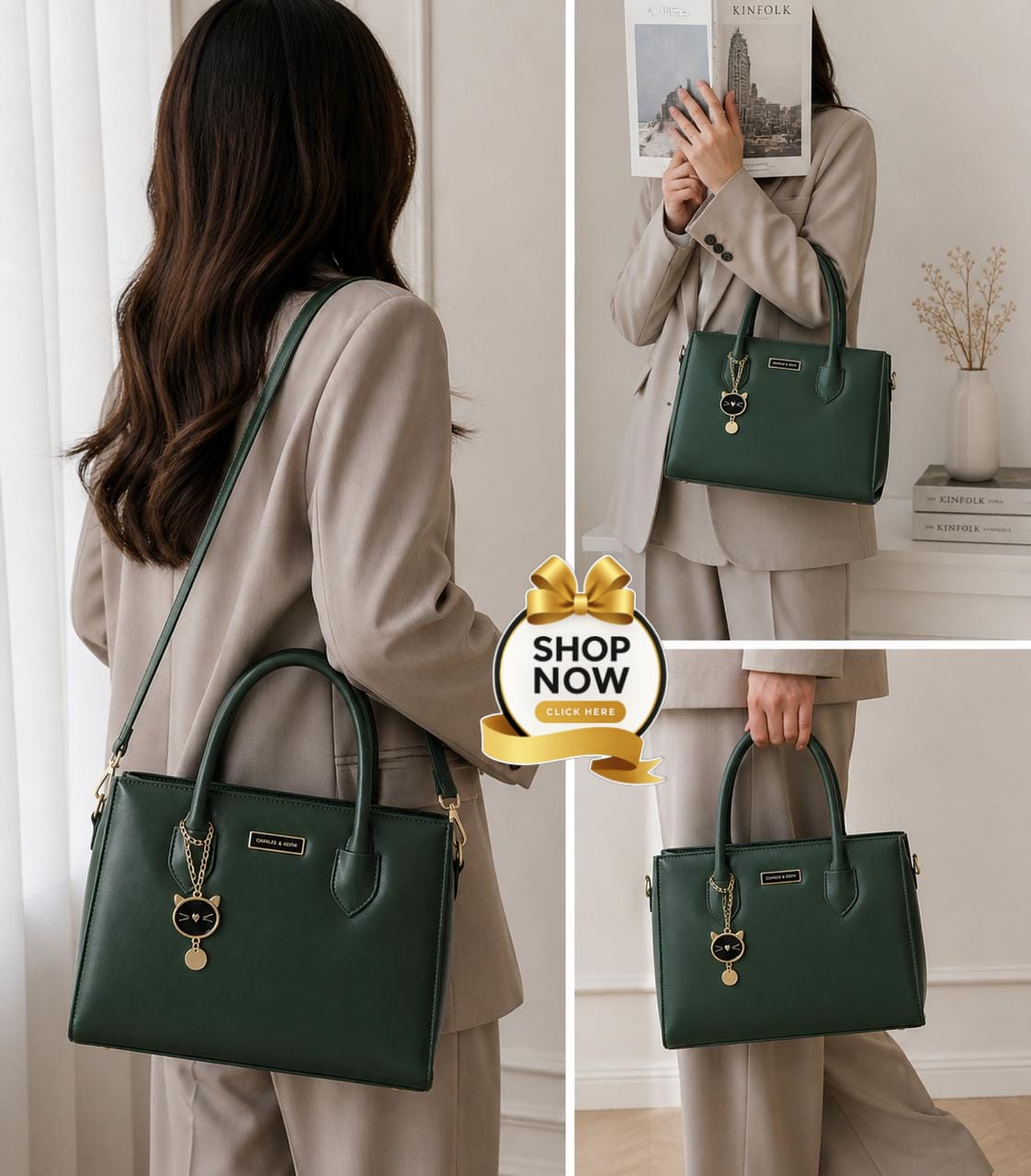 Charles And Keith 2 Zipper Bag Leatherette Handbag With Small Cat Charm And Detachable Shoulder Strap
