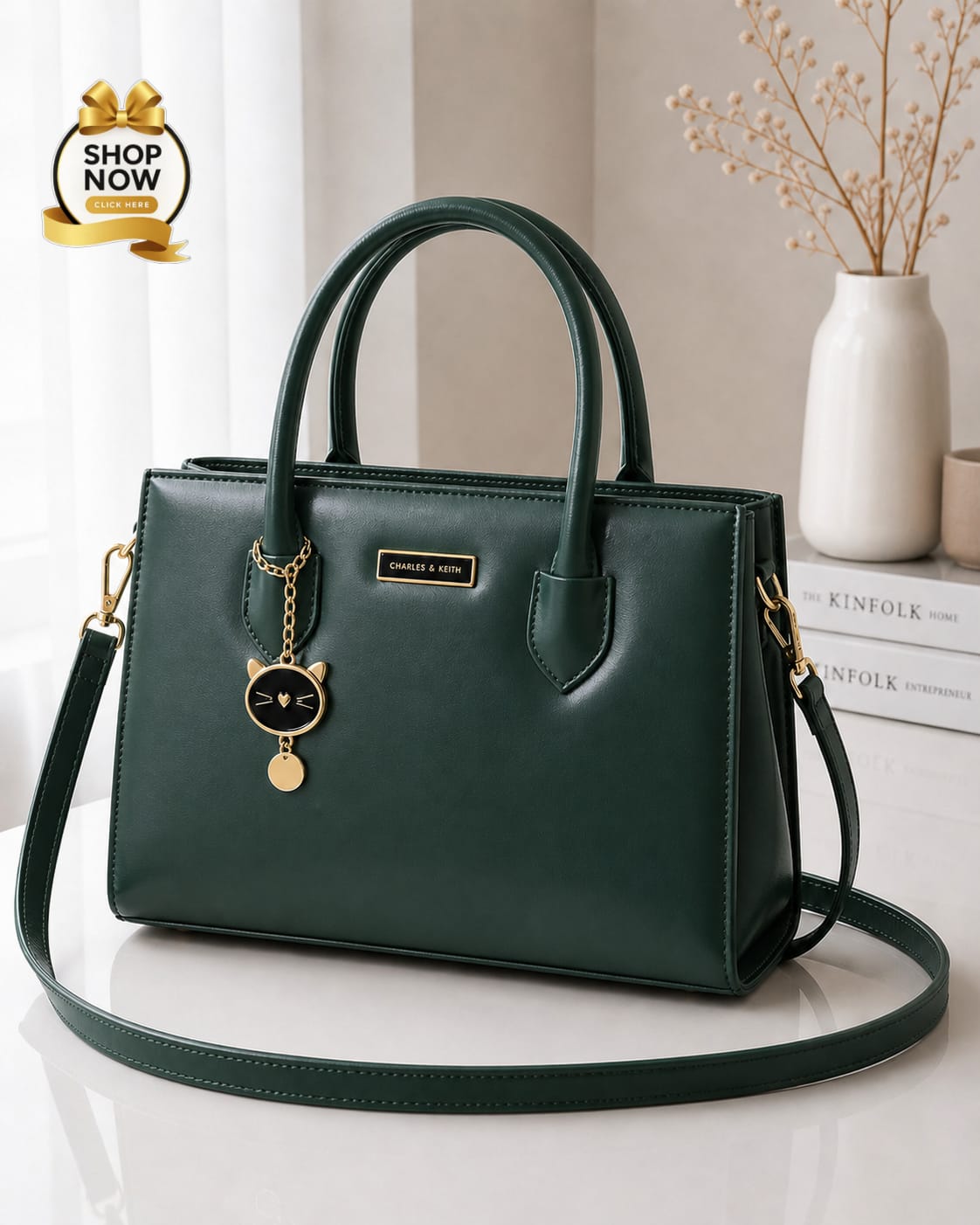 Charles And Keith 2 Zipper Bag Leatherette Handbag With Small Cat Charm And Detachable Shoulder Strap - Image 2