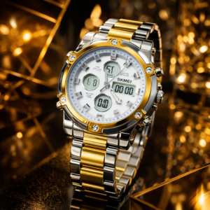 SKMEI 1389 Men’s Digital Analog Business Watch – Two-Tone Gold & Silver Stainless Steel Chronograph with Matte White Dial - without box