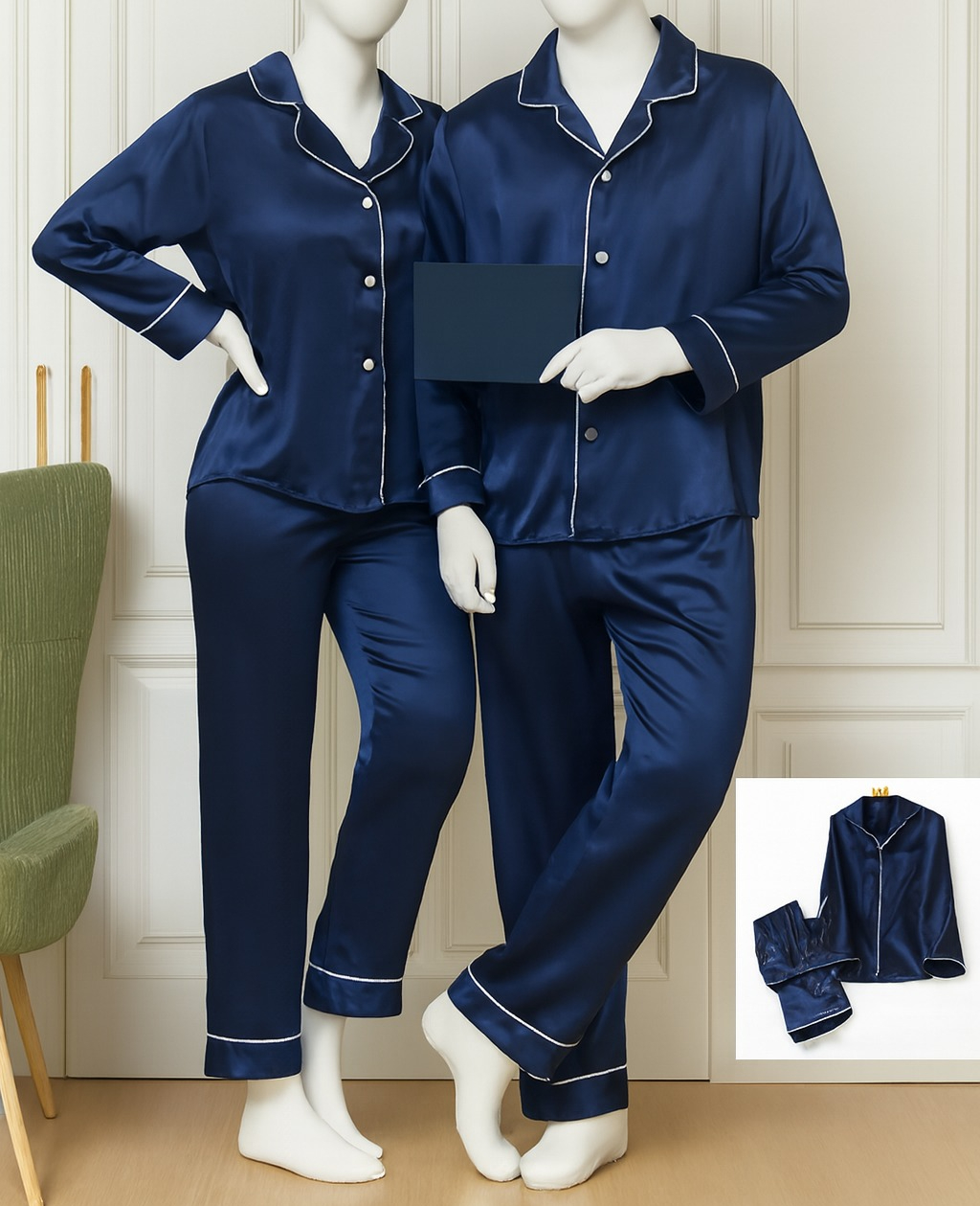 Classic Couple Night Suit Silk Satin Pajama Set – Long Sleeve Top & Full-Length Pants (4 Pcs) | DC-C007 - Image 3