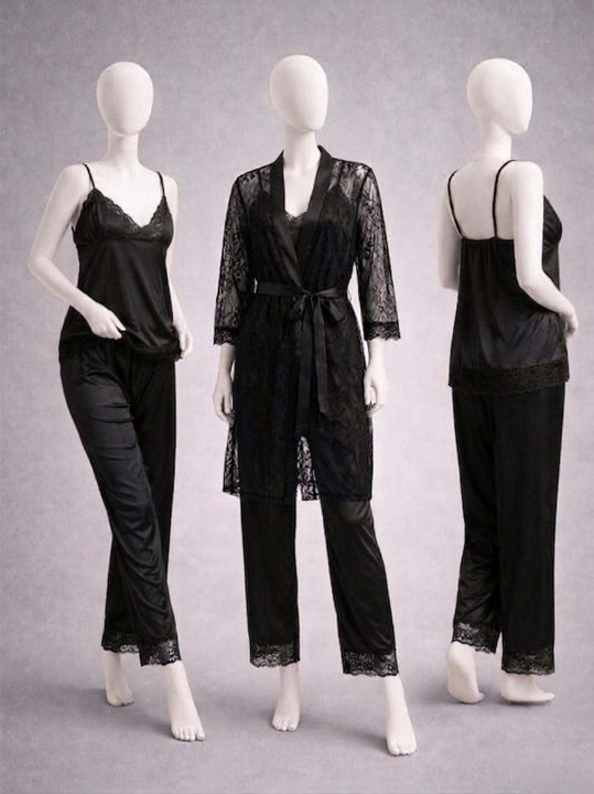 Elegant 3-Piece Women's Nightwear Set – Silk Cami, Pyjamas & Lace Robe (Free Size) - Image 3