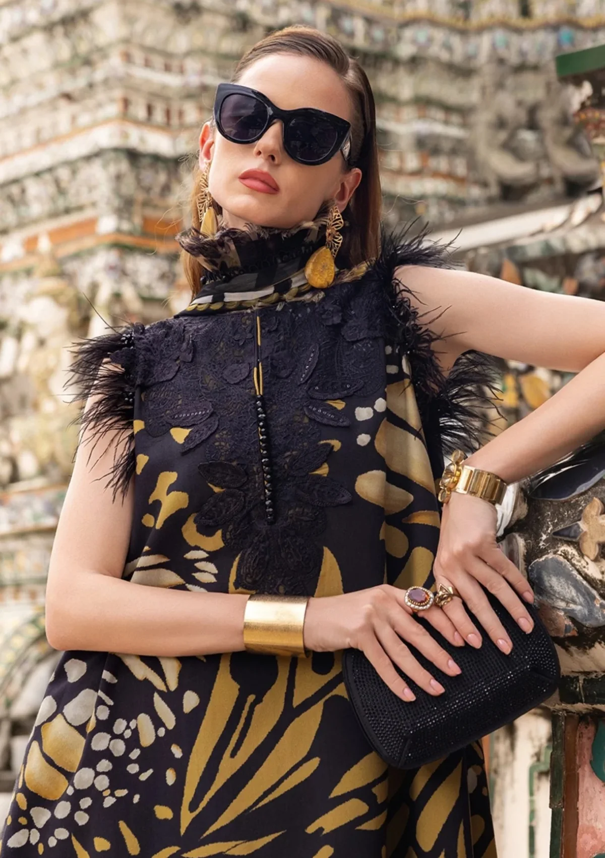 Maria B Printed Embroidered Lawn 3PC Unstitched Suit with Chiffon Dupatta – Black & Mustard - Image 3