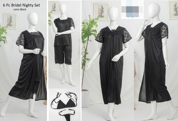 6 PCs Bridal Satin Nighty Set with Matching Thong & Bralette Free Size - Image 2