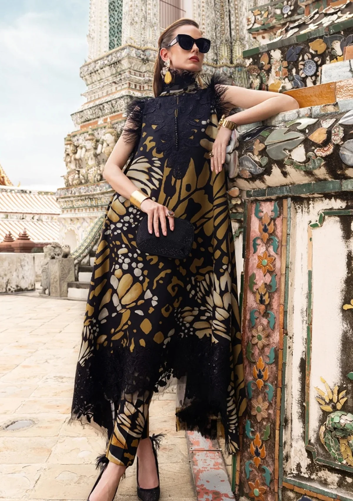 Maria B Printed Embroidered Lawn 3PC Unstitched Suit with Chiffon Dupatta – Black & Mustard - Image 2