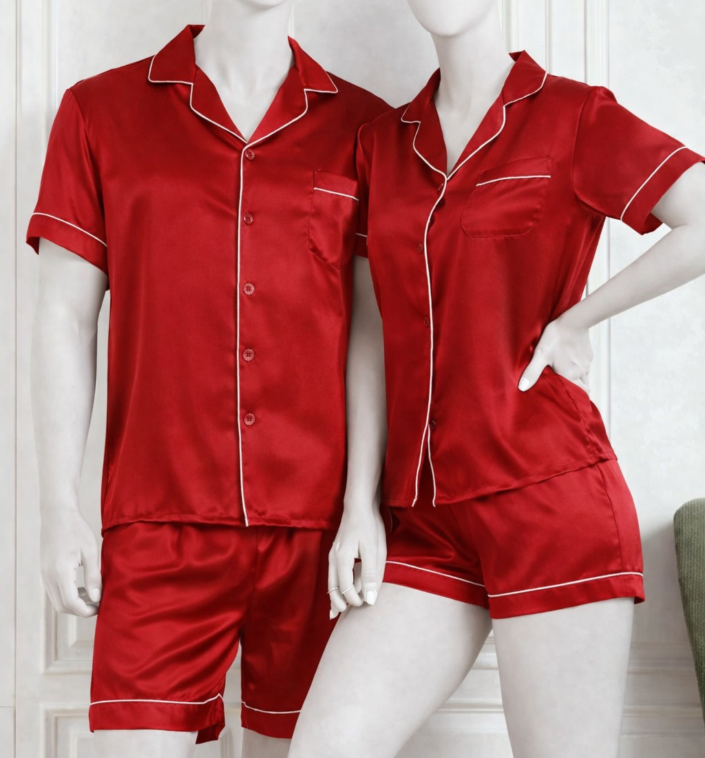 Couple Night Dress Silk Pajama Set – Short Sleeve Shirt & Shorts (4 Pcs) | SKU DC-C014 - Image 3