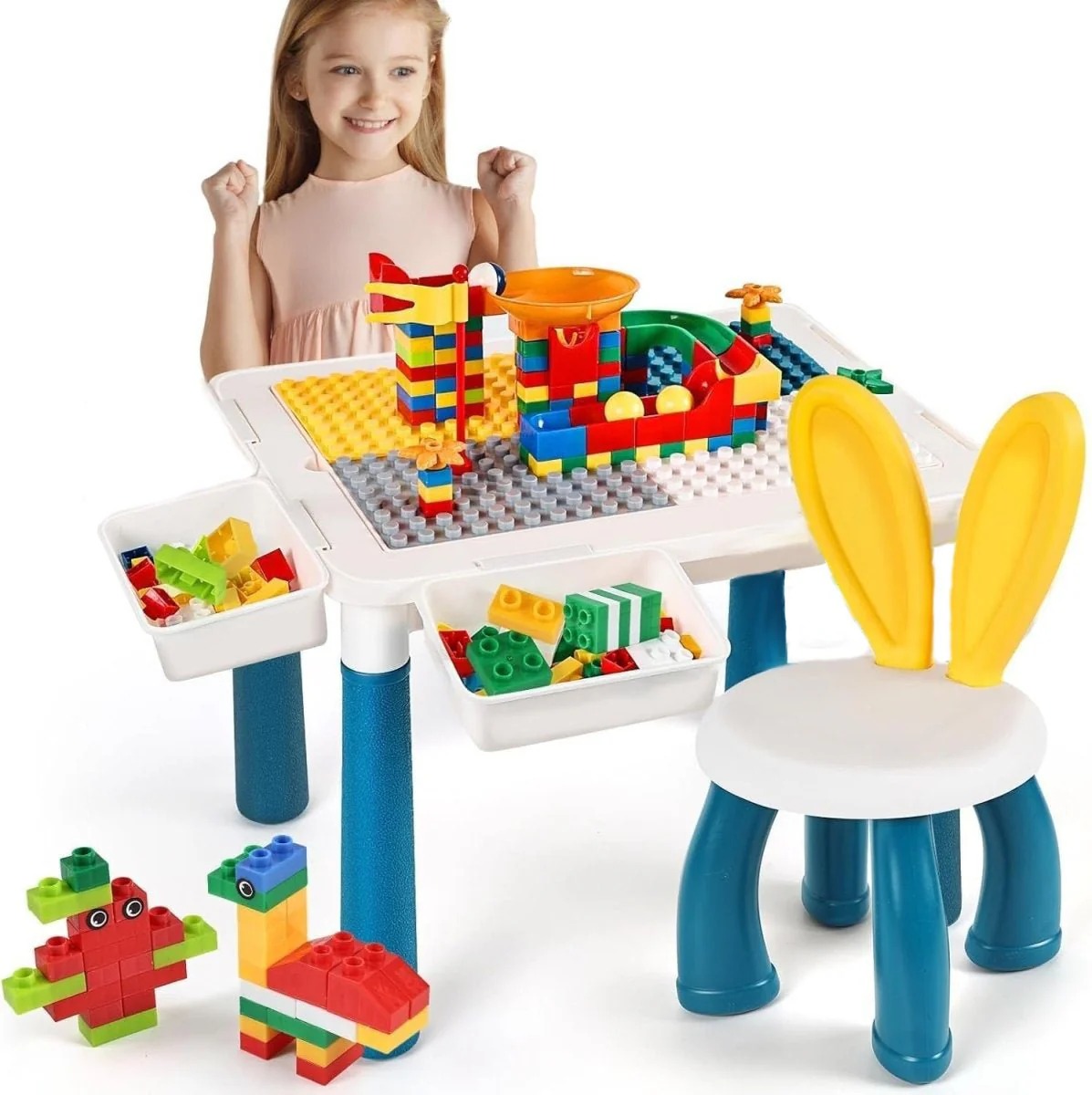 Kids Building Blocks Table With Chair – Multi-Functional Play Set For Creative Learning, Building, Drawing, And Fun Activities