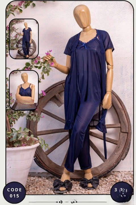 Luxury Silk 3-Piece Nightwear Set for Women – Free Size – Premium Satin Robe & Pajama Suit (SKU: R-015)