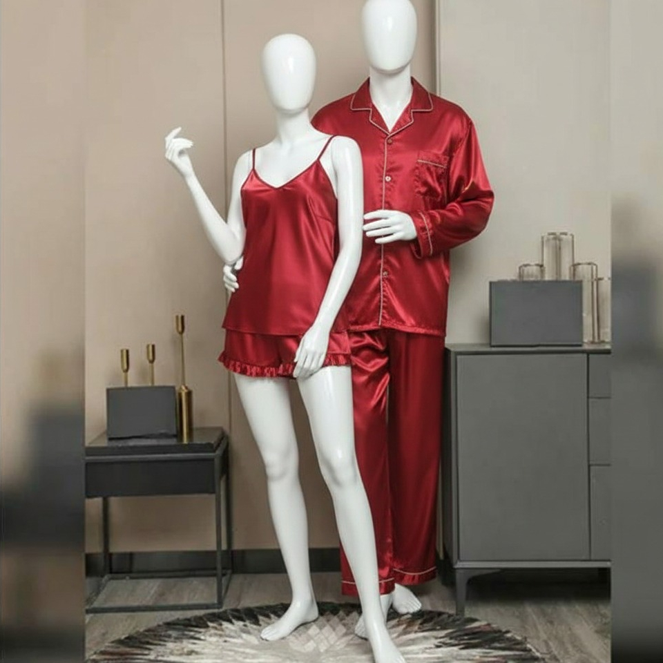Premium Satin Silk Couple Night Suit Pajama / Short Set – Matching Luxury Nightwear for Men & Women (4 Pcs) | SKU: DC-C010