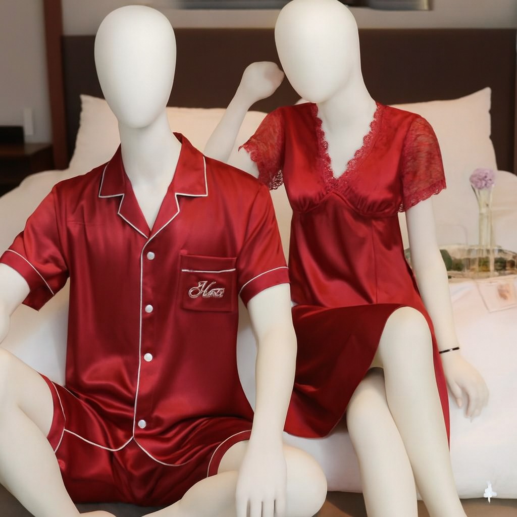 Couple Night Suit / Sleepwear Set – Stylish Nightdress & Pajama Shorts | SKU DC-C003 (3 Pcs)