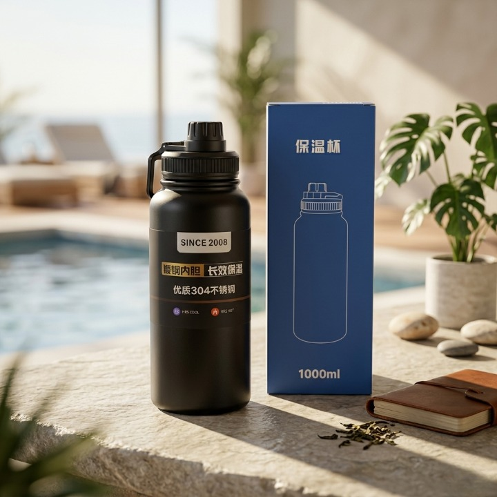 1000ml Matte Black Stainless Steel Vacuum Insulated Water Bottle With Carrying Strap Durable And Stylish - Image 2