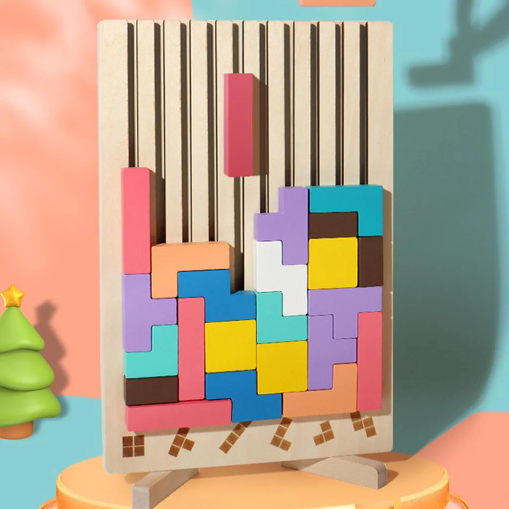 Wooden Puzzle Tetris Game | Montessori Learning Aid | 3D Colourful Blocks | Creative Geometry Toy for Kids & Families - Image 4