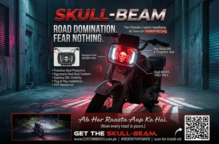 Premium Skull Headlamp for Honda CD70 & CG125 – Aggressive Red Skull DRL with Dual LED Projectors