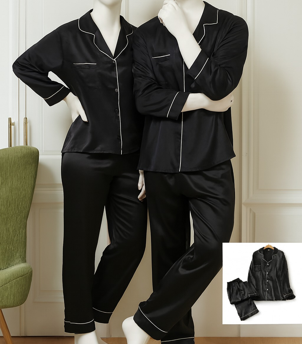 Classic Couple Night Suit Silk Satin Pajama Set – Long Sleeve Top & Full-Length Pants (4 Pcs) | DC-C007 - Image 2