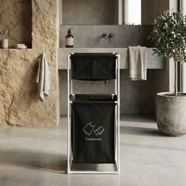 Fabric Laundry Hamper With Dual Compartments And White Metal Frame For Organized Clothing And Underwear Storage - Image 3