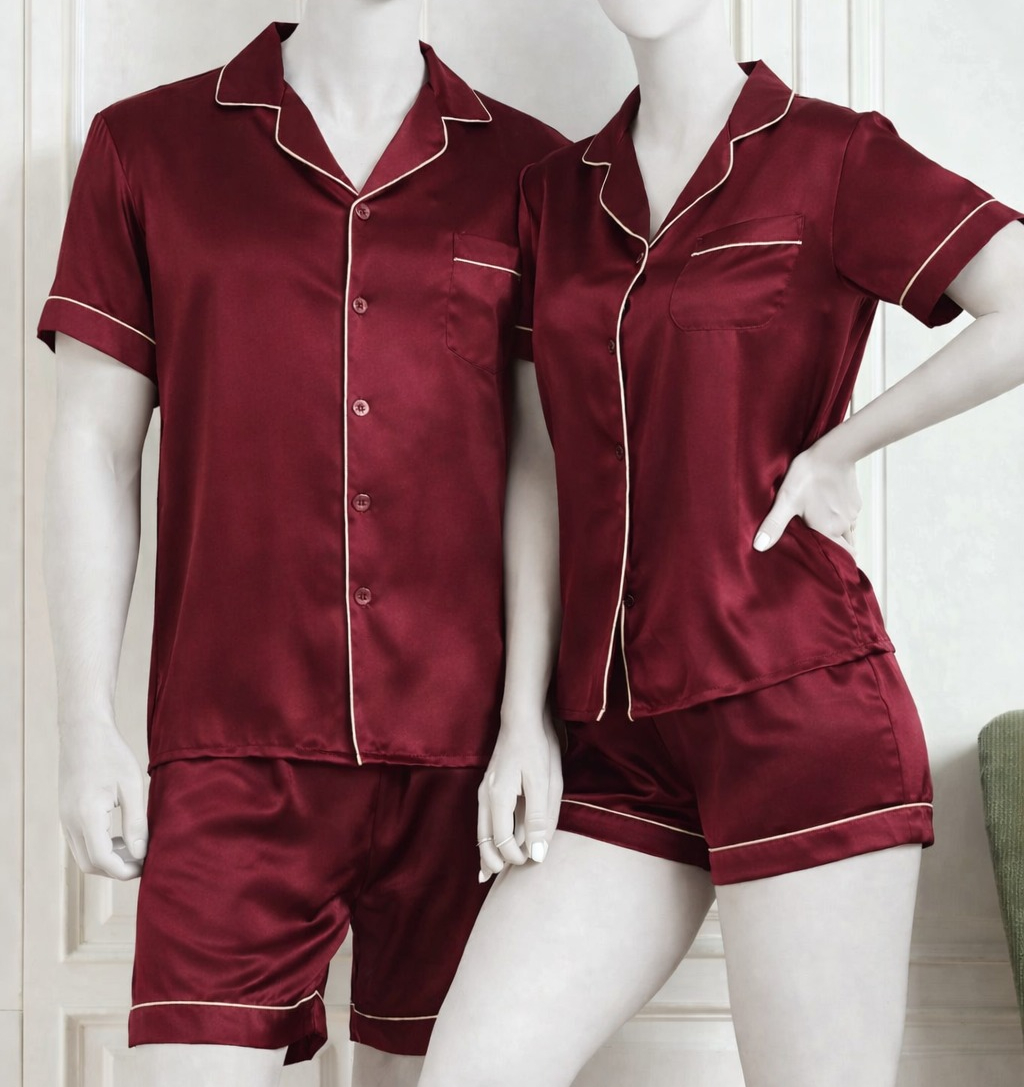 Couple Night Dress Silk Pajama Set – Short Sleeve Shirt & Shorts (4 Pcs) | SKU DC-C014 - Image 2