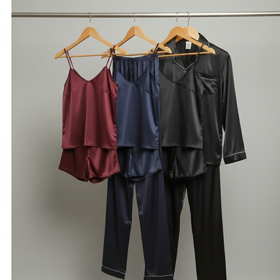 Premium Satin Silk Couple Night Suit Pajama / Short Set – Matching Luxury Nightwear for Men & Women (4 Pcs) | SKU: DC-C010 - Image 5