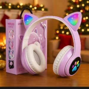 Cat Ear Wireless Bluetooth Headphones with RGB LED Lights & Built-in Mic – Stereo Bass Sound, Bluetooth & AUX Mode, Adjustable Over-Ear Headset for Kids, Teens & Girls