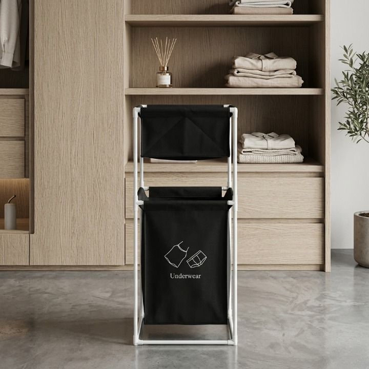 Fabric Laundry Hamper With Dual Compartments And White Metal Frame For Organized Clothing And Underwear Storage - Image 2