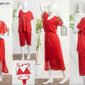 6 PCs Bridal Satin Nighty Set with Matching Thong & Bralette Free Size