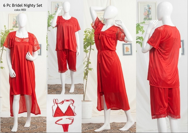 6 PCs Bridal Satin Nighty Set with Matching Thong & Bralette Free Size