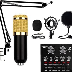 V8 Bm-800 Podcast Mic Set With Live Sound Card,Condenser Microphone With Rechargeable 12 Kinds Of Auxiliary Background For Karaoke Singing, Youtube Recording Mic