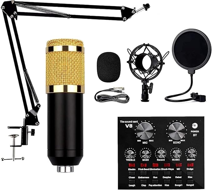 V8 Bm-800 Podcast Mic Set With Live Sound Card,Condenser Microphone With Rechargeable 12 Kinds Of Auxiliary Background For Karaoke Singing, Youtube Recording Mic