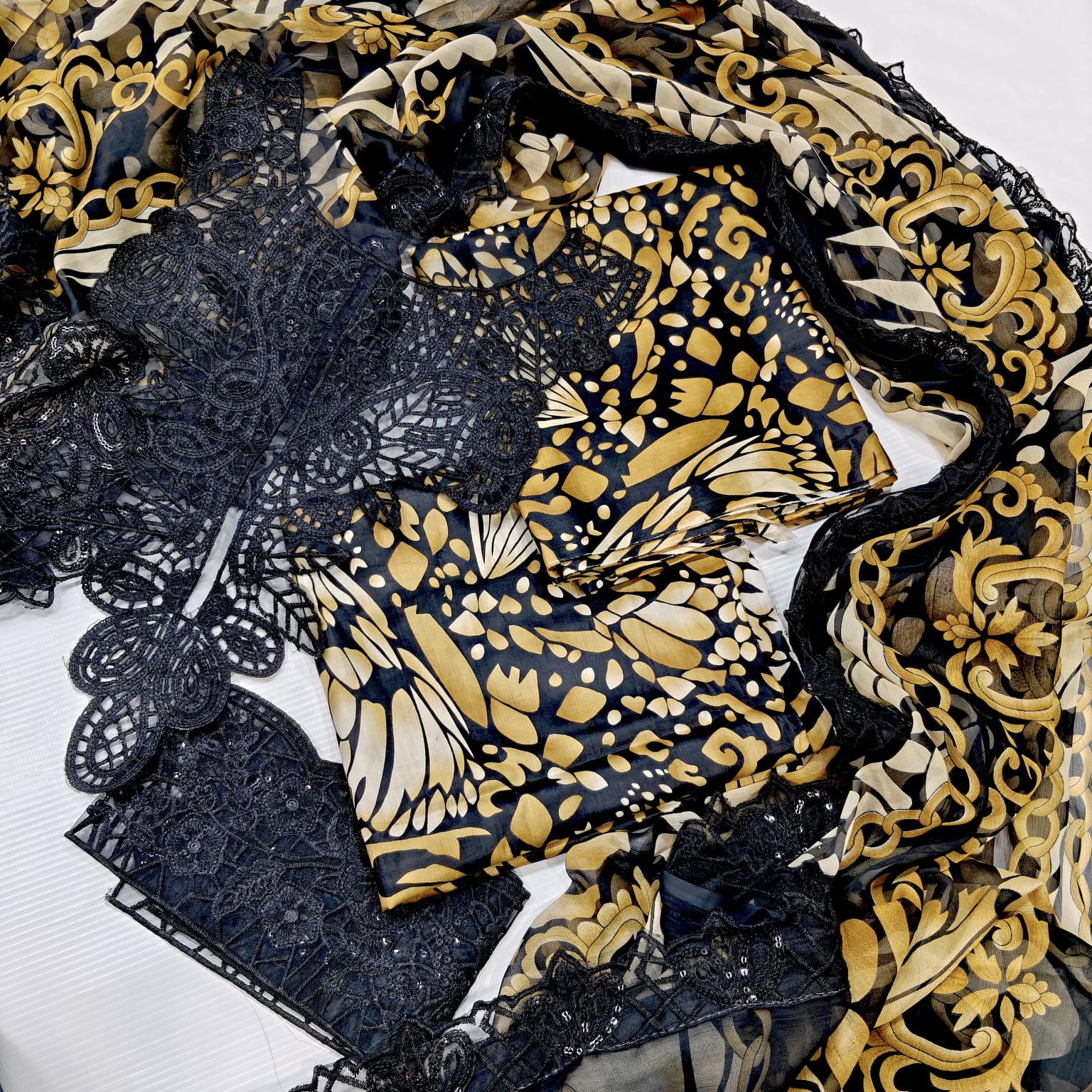 Maria B Printed Embroidered Lawn 3PC Unstitched Suit with Chiffon Dupatta – Black & Mustard - Image 4