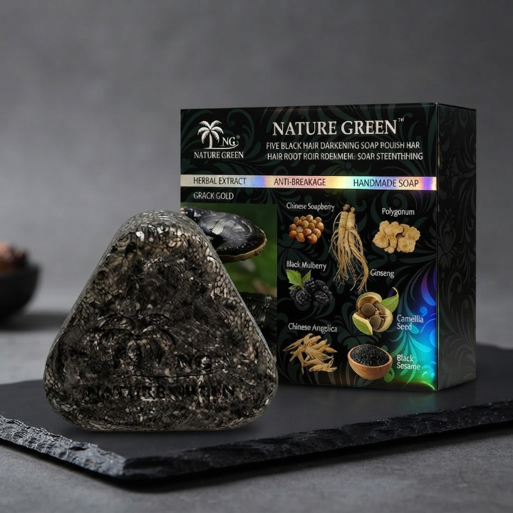 Nature Green Black Ganoderma Hair Darkening Soap - Herbal Cleansing Bar For Natural Hair Color Maintenance And Scalp Health