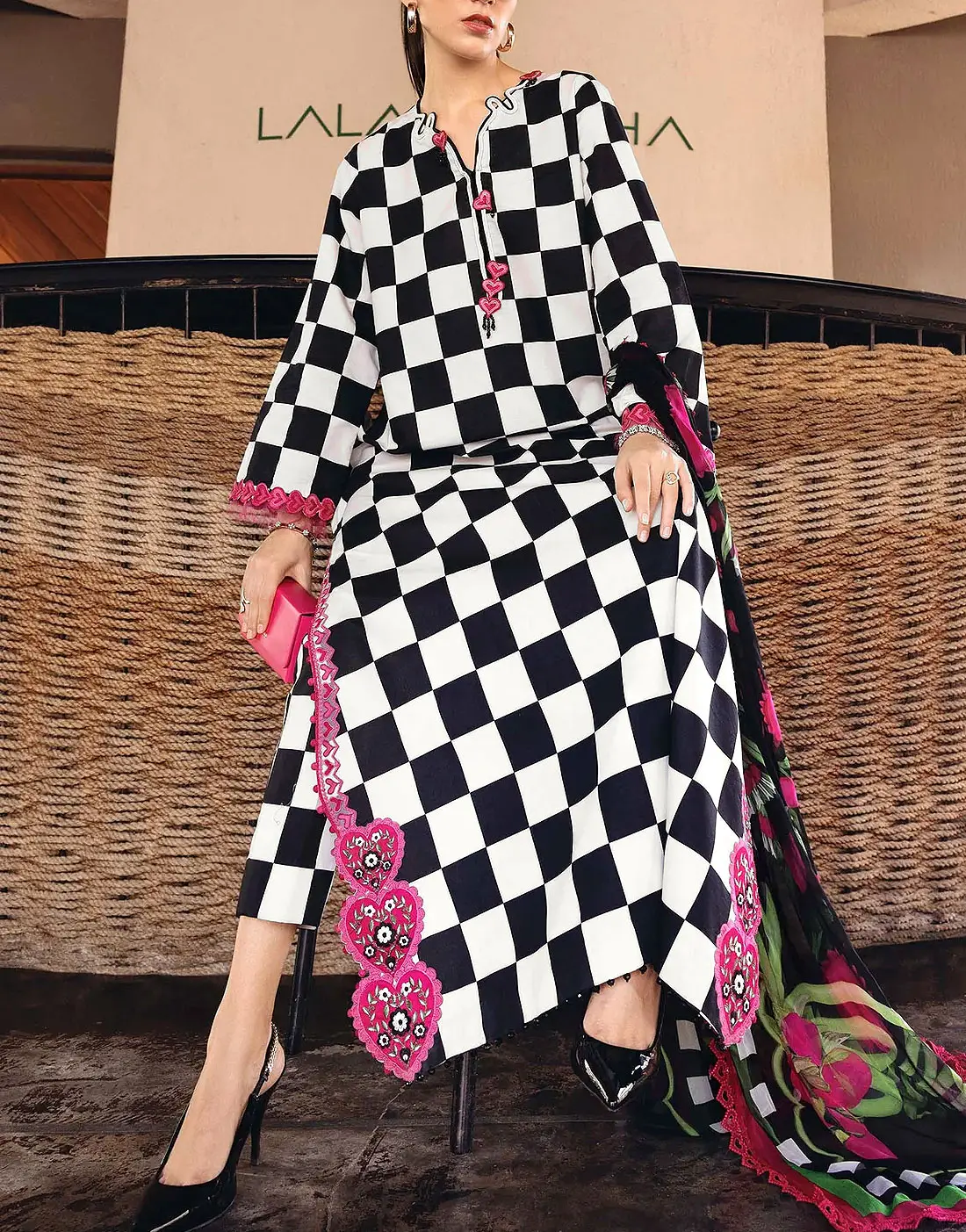 Elegant All-Over Checkerboard Print Embroidered Lawn 3Pc Unstitched Dress with Chiffon Dupatta – Summer Collection 2026