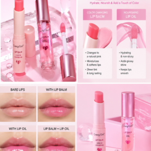 Crazy Girl 2 In 1 Color Changing Lip Balm & Lip Oil Set, Moisturizing Pink Lip Care Duo with Hydrating Gloss Finish, Long-Lasting Nourishing Lip Treatment for Soft, Smooth and Naturally Tinted Lips