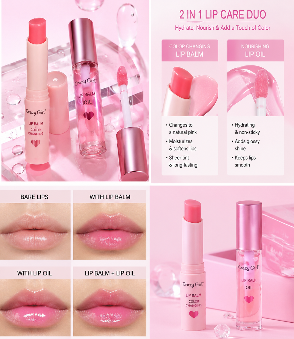 Crazy Girl 2 In 1 Color Changing Lip Balm & Lip Oil Set, Moisturizing Pink Lip Care Duo with Hydrating Gloss Finish, Long-Lasting Nourishing Lip Treatment for Soft, Smooth and Naturally Tinted Lips