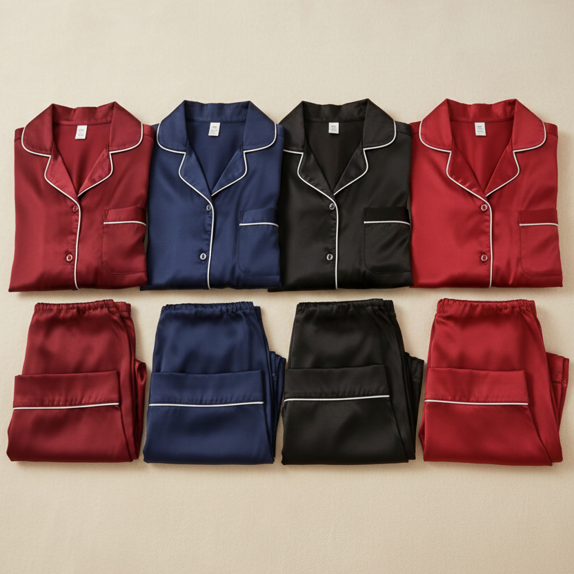 Classic Couple Night Suit Silk Satin Pajama Set – Long Sleeve Top & Full-Length Pants (4 Pcs) | DC-C007 - Image 5