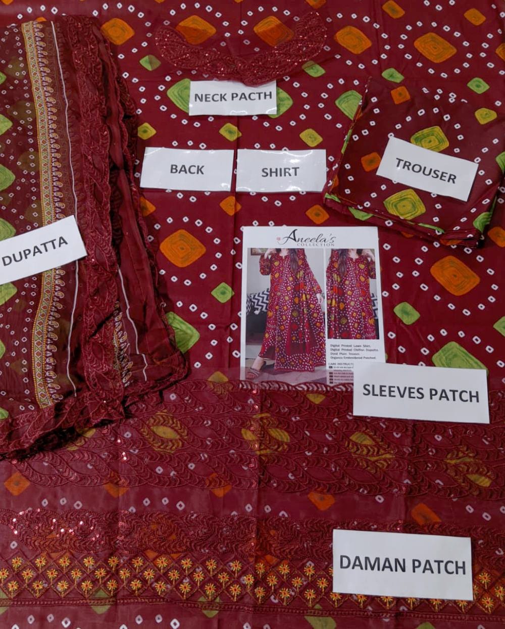 Trendy Digital Chunri Print Embroidered Lawn 3PC Unstitched Suit with Chiffon Dupatta - Image 3