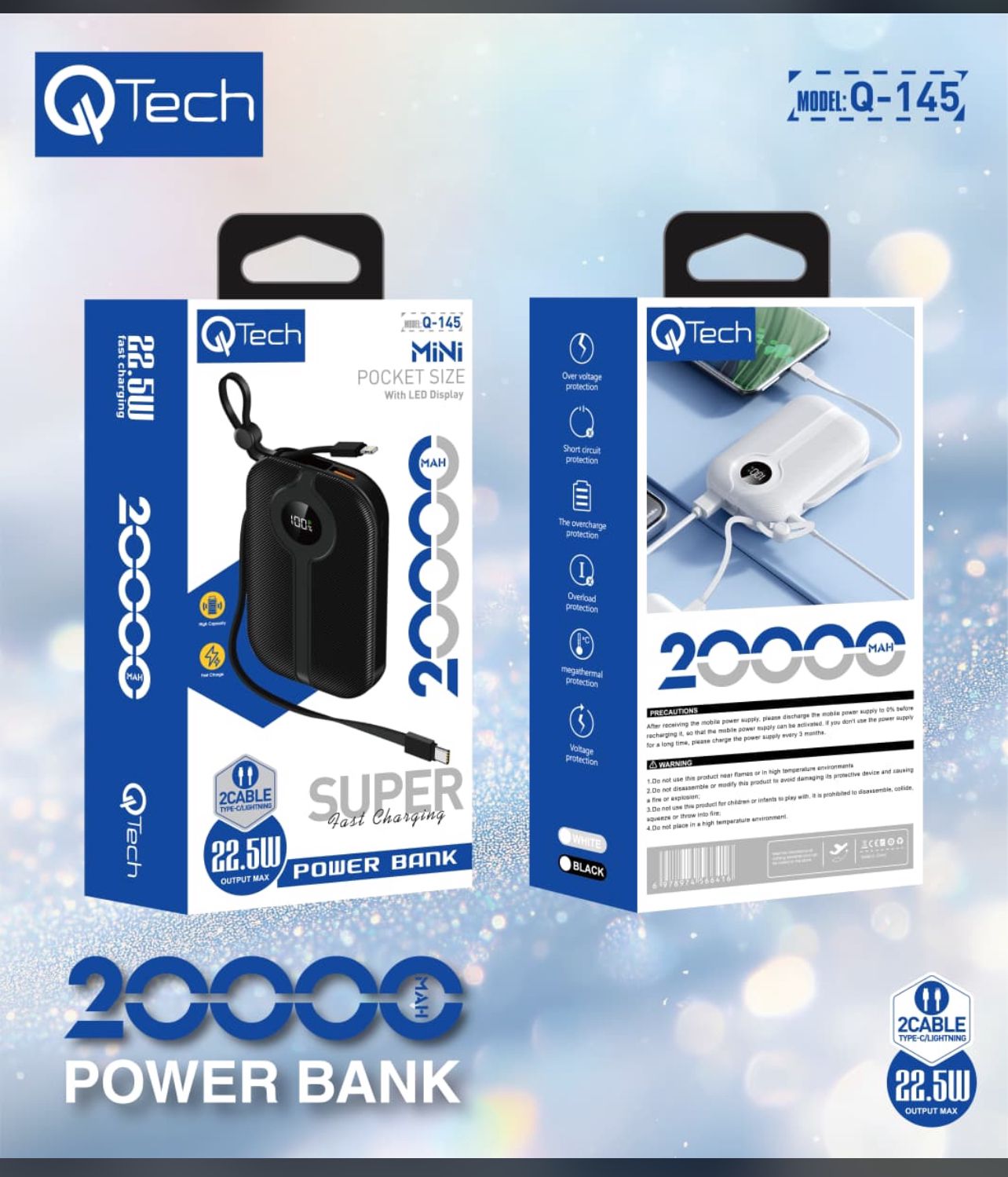Qtech 20000mAh Power Bank 22.5W PD Fast Charging | Pocket Size Portable Charger with LED Display (Random Color) - Image 2