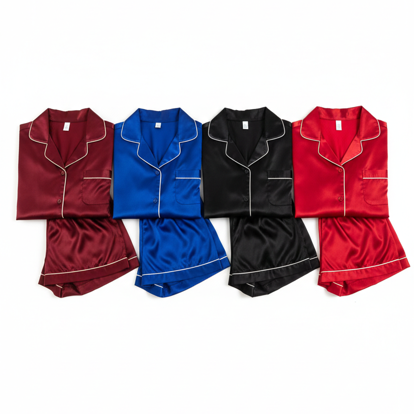 Couple Night Dress Silk Pajama Set – Short Sleeve Shirt & Shorts (4 Pcs) | SKU DC-C014 - Image 4
