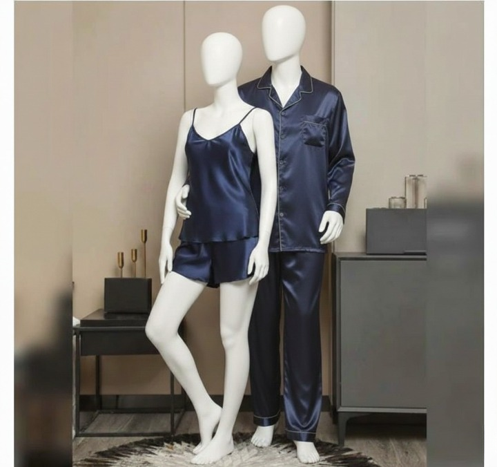 Premium Satin Silk Couple Night Suit Pajama / Short Set – Matching Luxury Nightwear for Men & Women (4 Pcs) | SKU: DC-C010 - Image 2