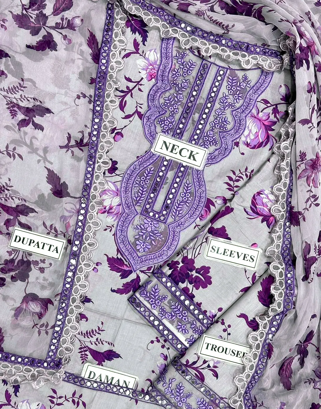 Aneela’s Luxury 9mm Sequins Embroidered Lawn 3 Piece Unstitched Dress with 4-Side Embroidered Chiffon Dupatta - Image 3