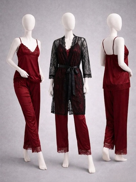 Elegant 3-Piece Women's Nightwear Set – Silk Cami, Pyjamas & Lace Robe (Free Size) - Image 4