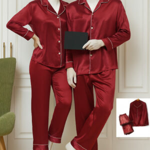 Classic Couple Night Suit Silk Satin Pajama Set – Long Sleeve Top & Full-Length Pants (4 Pcs) | DC-C007