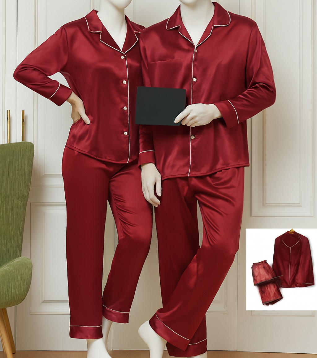 Classic Couple Night Suit Silk Satin Pajama Set – Long Sleeve Top & Full-Length Pants (4 Pcs) | DC-C007