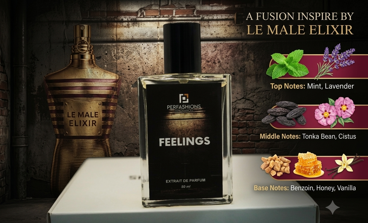 Feelings – Impression of Le Male Elixir | Amber Fougère Extrait de Parfum for Men | 50ml with Premium Box & Carry Bag