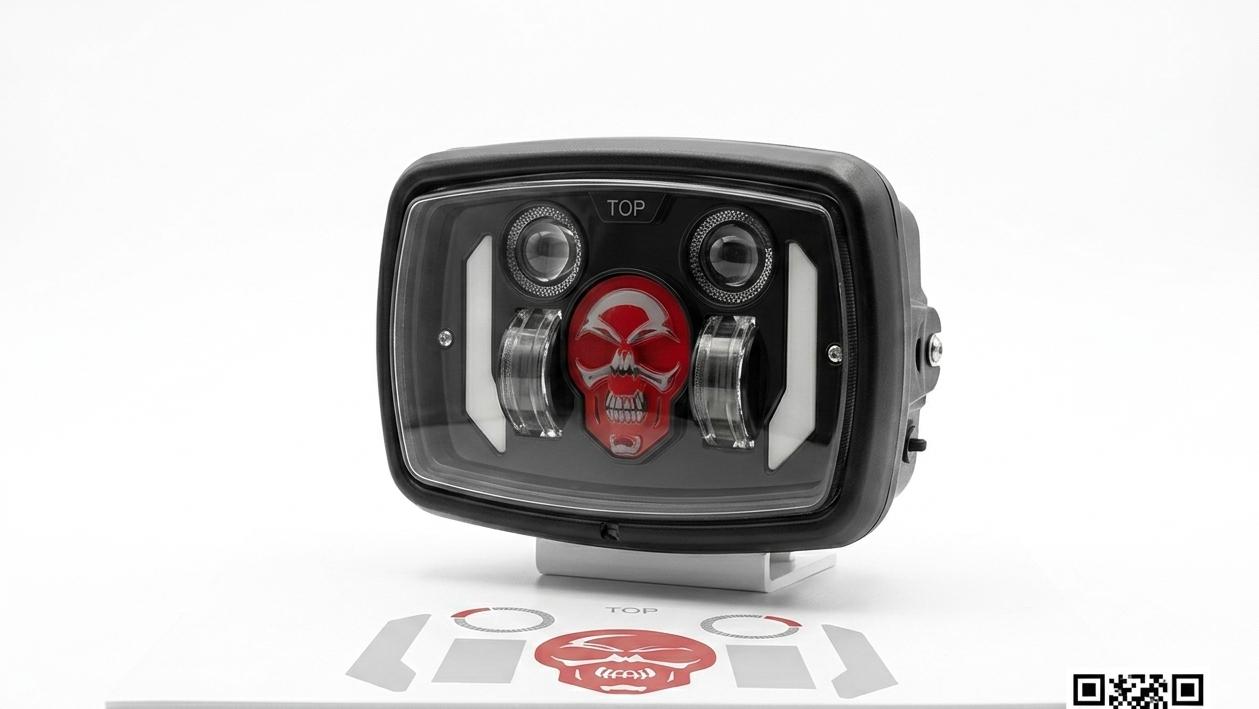 Premium Skull Headlamp for Honda CD70 & CG125 – Aggressive Red Skull DRL with Dual LED Projectors - Image 3
