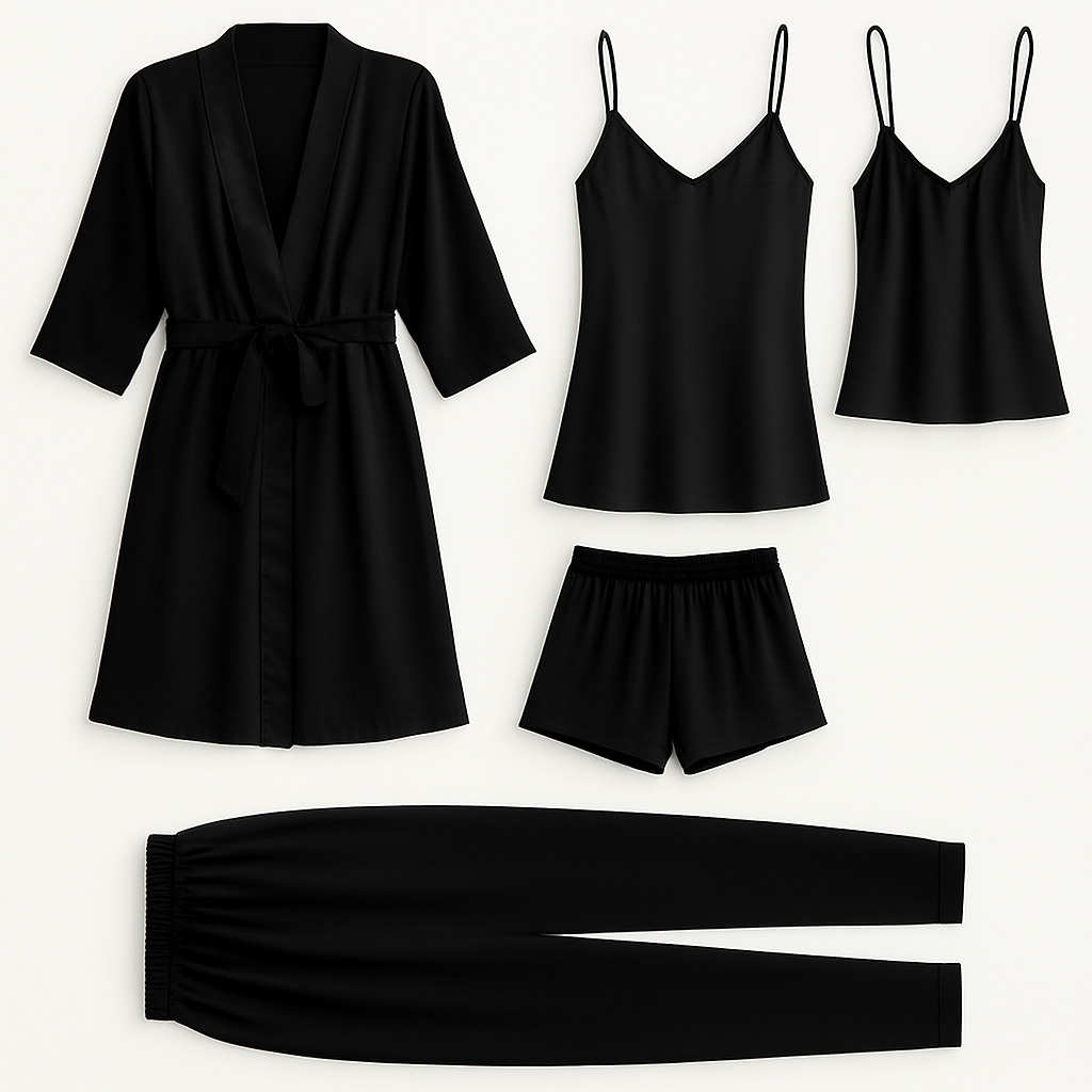 5-Piece Satin Sleepwear Set – Robe, Camisole, Shorts, Pants & Slip Dress Free Size (DC-5003) - Image 3