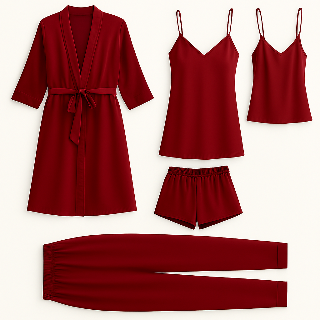 5-Piece Satin Sleepwear Set – Robe, Camisole, Shorts, Pants & Slip Dress Free Size (DC-5003) - Image 2