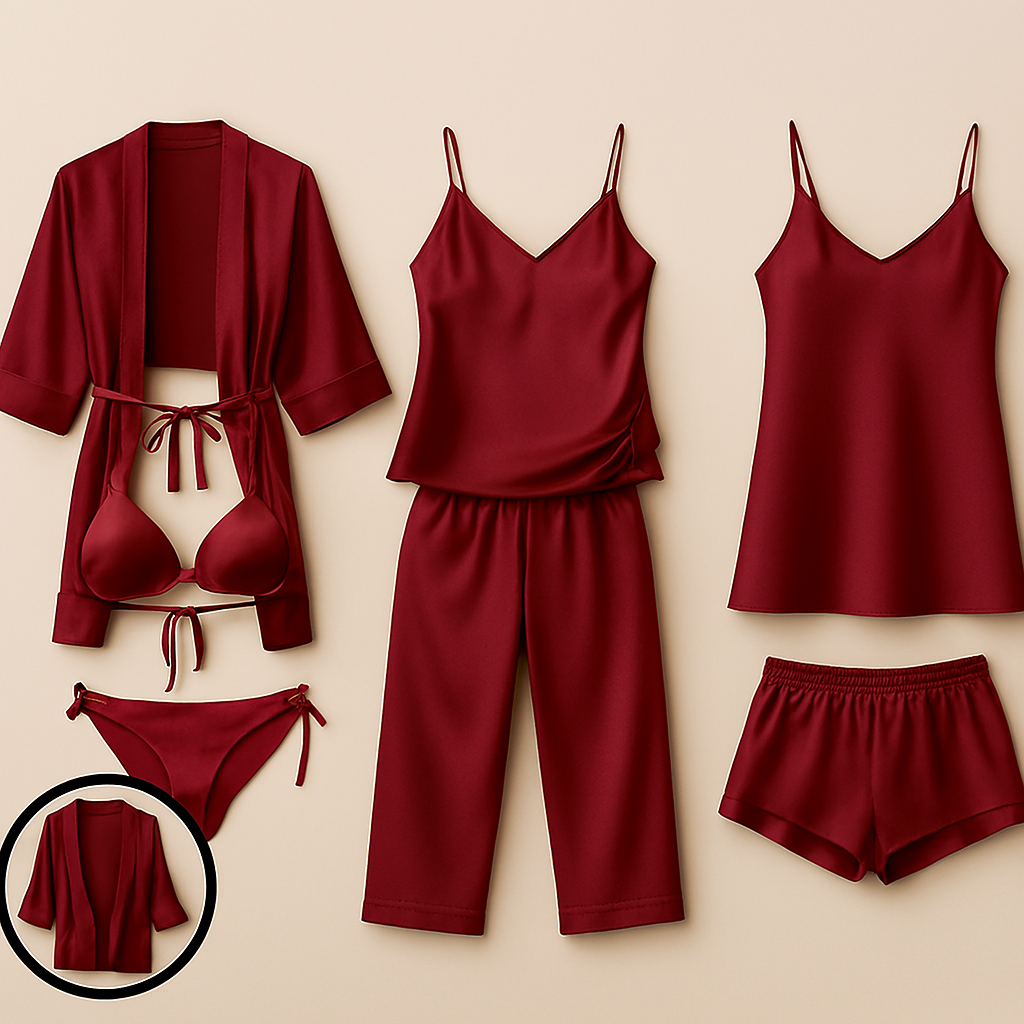 7-Piece Satin Sleepwear & Lingerie Set for Women – Luxury Nightwear Collection with Robe, Slip Dress, Free Size (DC-7001) - Image 2
